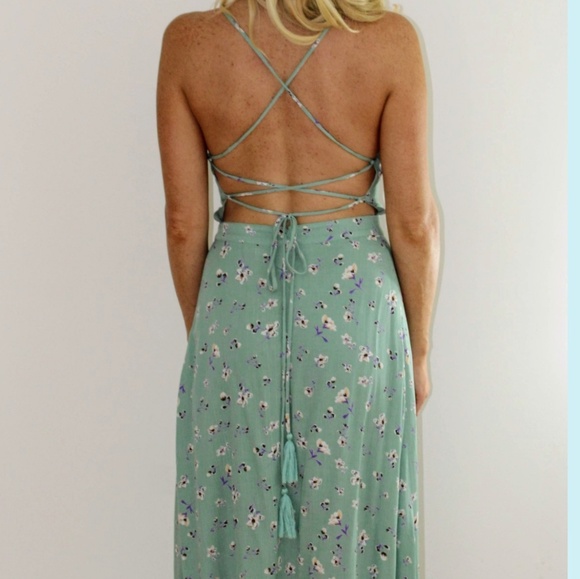 Green floral backless maxi summer sun dress tassel - Picture 2 of 5